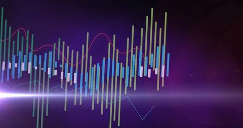 Image of multiple graphs and lens flare against abstract background 스톡 사진