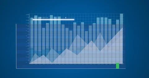 Image of multiple graphs and loading bar with changing numbers over blue ba.. Stock Photos
