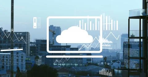 Image of multiple graphs and map over modern buildings against sky Illustrazione stock