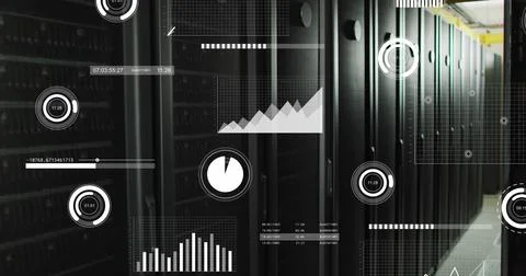 Image of multiple graphs and moving over data server racks 스톡 사진