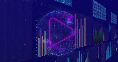 Image of multiple graphs and numbers charts with connected dots on globe over Stock Illustration