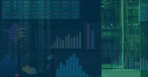 Image of multiple graphs and numbers moving over data system 库存照片