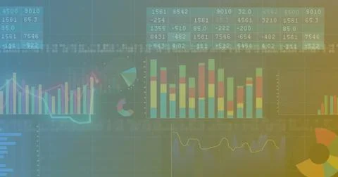 Image of multiple graphs and numbers in tables over illuminated abstract pattern 库存照片