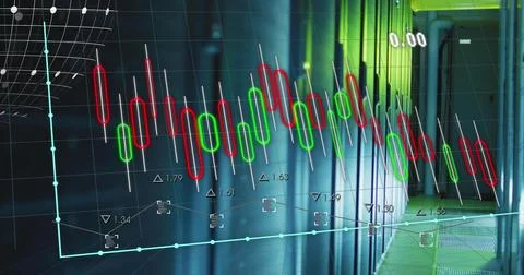 Image of multiple graphs and numbers with globe over data server room Foto stock