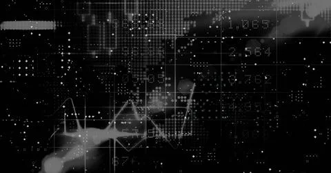 Image of multiple graphs, blockchains and numbers over dots forming abstract 写真素材