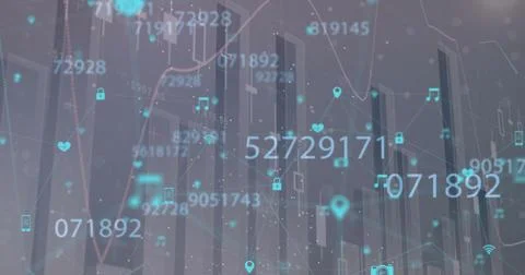 Image of multiple graphs, changing numbers and connected icons over abstract 스톡 일러스트