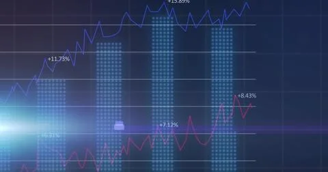 Image of multiple graphs with changing numbers over grid pattern and lens flares Stock Illustration