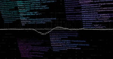 Image of multiple graphs with changing numbers and computer language over black 스톡 일러스트