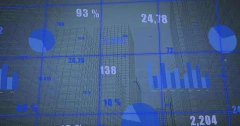 Image of multiple graphs with changing numbers over modern buildings against sky Ilustración de archivo