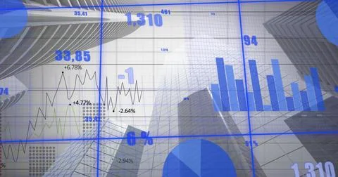 Image of multiple graphs with changing numbers over low angle view of modern Ilustración de archivo