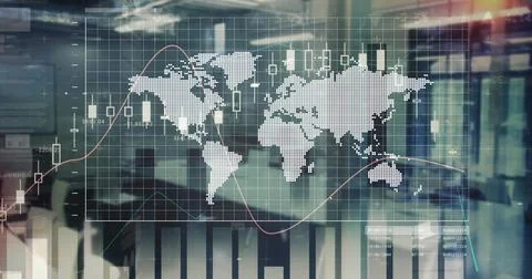 Image of multiple graphs with changing numbers and map over empty office Illustrazione stock