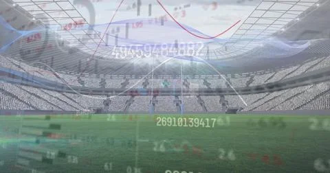 Image of multiple graphs, changing numbers, stock market data over empty soccer Stock Illustration
