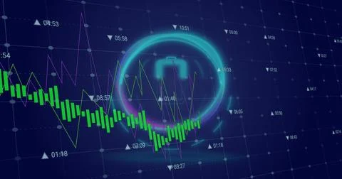 Image of multiple graphs, changing numbers over battery icon in circle against Stock Photos