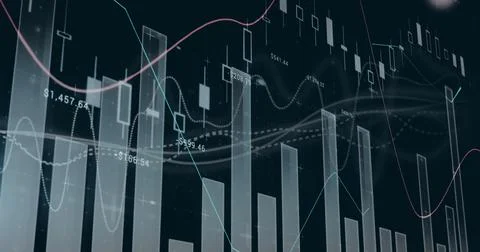 Image of multiple graphs with changing numbers over graphs against black Stock Photos