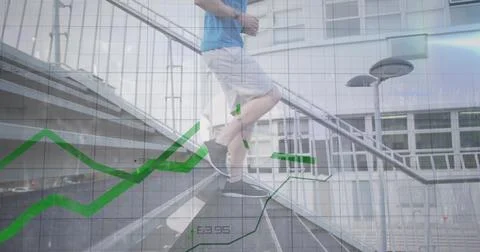 Image of multiple graphs with changing numbers, caucasian man running down .. Foto stock
