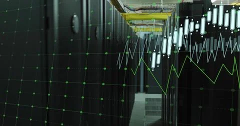 Image of multiple graphs with changing numbers over data server room Stock Photos