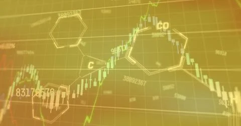 Image of multiple graphs with changing numbers and molecule structures over Stock Photos