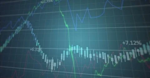 Image of multiple graphs with changing numbers over grid pattern against blue Stock Photos