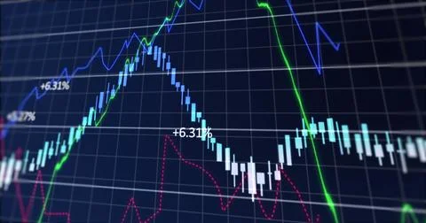 Image of multiple graphs with changing numbers and grid pattern over black Stock Photos