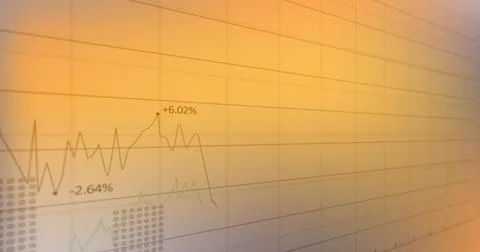 Image of multiple graphs with changing numbers and grid pattern over orange Stock Photos