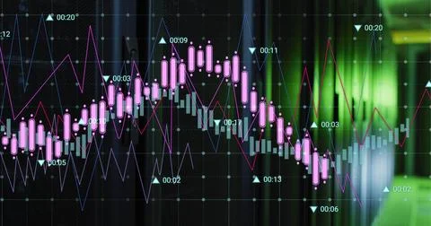 Image of multiple graphs with changing numbers over data server room 스톡 사진