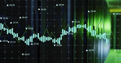Image of multiple graphs with changing numbers over data server racks in se.. Foto stock