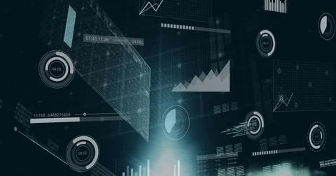 Image of multiple graphs, computer language, loading circles and bars over black Foto stock