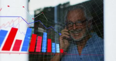 Image of multiple graphs, computer language over senior caucasian man talki.. Stock Photos