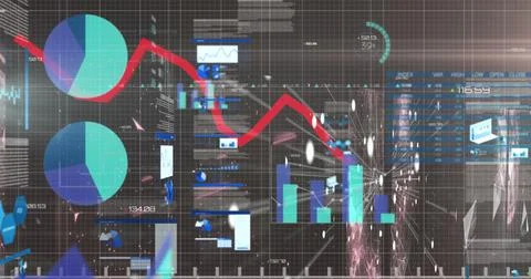 Image of multiple graphs with connected dots over infographic interface on .. 스톡 일러스트