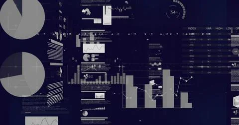 Image of multiple graphs, database and trading board against blue background Stock Photos