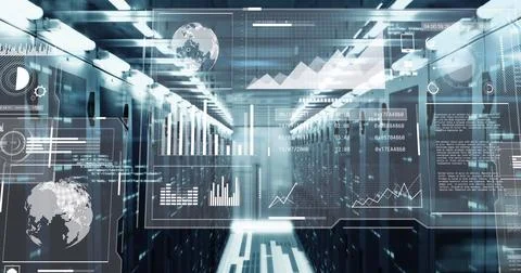 Image of multiple graphs, globes, loading bars and circles over data server room Stock Photos