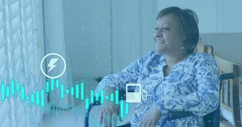 Image of multiple graphs, icons, changing numbers, senior biracial woman looking Stock Photos