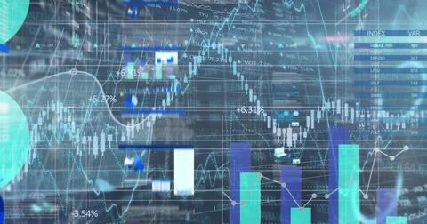 Image of multiple graphs, lens flare and trading board against abstract bac.. Stock Illustration