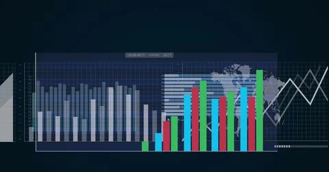 Image of multiple graphs, loading bar and map over black background Foto stock