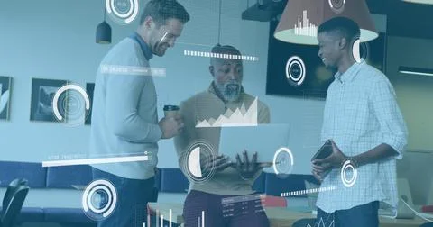 Image of multiple graphs, loading bars and circles, diverse coworkers sharing Stock Illustration
