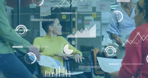Image of multiple graphs, loading bars, circles, diverse coworkers discussing Stock Illustration