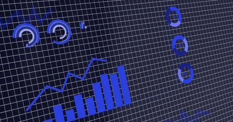 Image of multiple graphs, loading circles and grid pattern over black backg.. Stock Photos