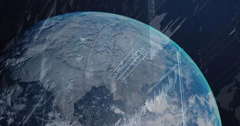 Image of multiple graphs with loading circles, bars over rotating globe on Stock Photos