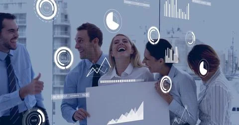Image of multiple graphs, loading circles and bars, happy diverse coworkers in Stock Photos