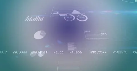 Image of multiple graphs, loading circles over trading board lens flares on blue Foto stock