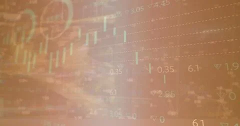 Image of multiple graphs, loading circles and trading board against abstract Stock Photos