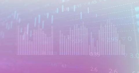 Image of multiple graphs, loading circles and trading board against gradient Stock Photos
