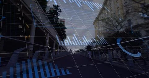 Image of multiple graphs with loading circles over time-lapse of people walking Stock Photos