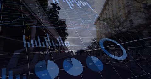 Image of multiple graphs with loading circles over time-lapse of people walking Stock Photos