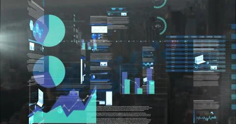 Image of multiple graphs, loading circles and trading board over modern Stock Photos