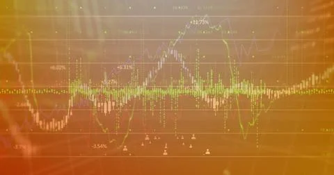 Image of multiple graphs, looping icons and trading board over abstract Stock Photos