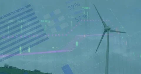 Image of multiple graphs, map and database over low angle view of windmill Stock Photos