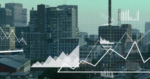 Image of multiple graphs, map, icons and computer language over modern city in Stock Photos