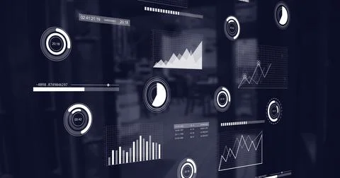Image of multiple graphs moving over entrance of empty coffee shop Ilustração Stock