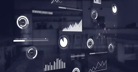 Image of multiple graphs moving over empty stools in coffee shop Ilustração Stock